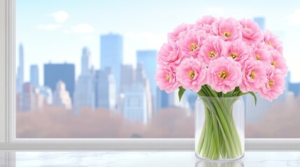 A vibrant bouquet of pink flowers placed on a marble windowsill with a city skyline view in the background during daylight - Powered by Adobe