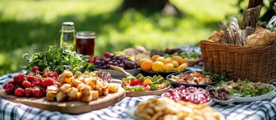 Fototapeta premium A picnic table laden with an abundance of fresh food, including fruit, bread, and salads, all set against a backdrop of lush greenery.