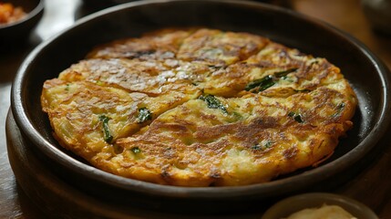 A serving of kimchi pancakes (kimchijeon), savory pancakes made with kimchi and flour, pan-fried until crispy.


