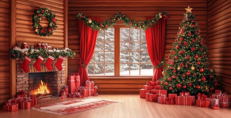 A Christmas tree with presents underneath, a fireplace, and a window in a wooden room decorated for the holiday.