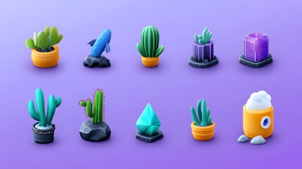 Cute Cartoon Cactus Plants Crystals Fish Potted Decor Set