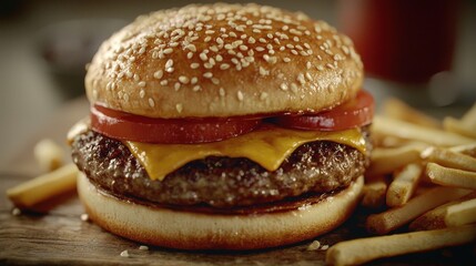 Delicious Cheeseburger with Crispy French Fries Close Up   Fast Food Meal