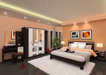 modern living room : bed, bedside table, dressing table, mattress, blanket, and wardrobe