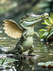 Obraz premium A tiny crocodile is seen lying on the edge of a small river, its skin is green with brown spots, looking cute and adorable. Its size is small like a baby, with round eyes and a faint smile.