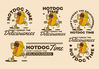 Hot Dog time, Don't forget the deliciousness. Vintage retro character of hot dog in running pose