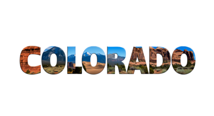 Word and letters Colorado written with Rocky Mountains, Great Sand Dunes, and red rock formations. photo, isolated on transparent background