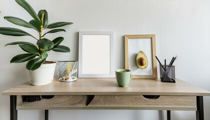 Ai Generate Stylish and modern scandinavian home office desk with mock up poster frames,avocado plant,cup of coffee and office accessories Modern composition of home office desk