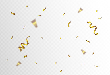 Confetti launcher on transparent background. Pieces of shiny gold paper flew and spread out, small and large,vector illustration