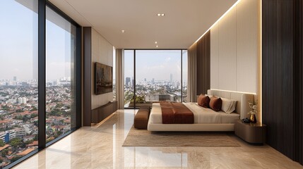 Fototapeta premium Modern Luxury Bedroom Interior Design with City View and Large Bed