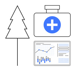 Medical kit with blue cross, a pine tree, and a data chart showing graphs and bars. Ideal for healthcare, environmental studies, data analysis, medical research, forest conservation, biology