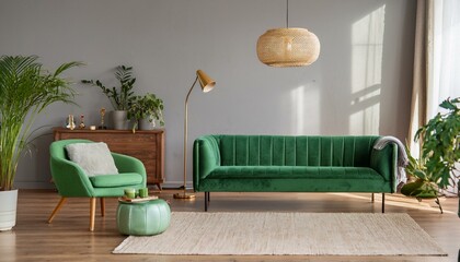 Obraz premium Ai Generate Stylish sunny decor of living room with design green velvet sofa, plants, design commode, accessories, armchair and pendant lamp Elegant interior with brown wooden parquet and grey wall