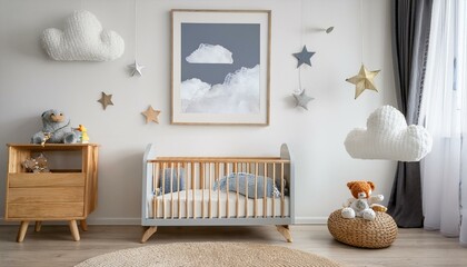 Ai Generate The modern scandinavian newborn baby room with mock up poster frame, wooden car and clouds Minimalistic and cozy interior with white walls
