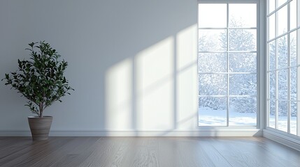 Obraz premium Empty room modern interior design, a minimalist-style living room with a wooden floor and white wall mock-up background, a window with a winter view. Modern home decor concept