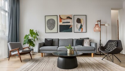 Ai Generate Stylish scandinavian home interior of living room with design gray sofa, armchair, marble stool, black coffee table, modern paintings, decoration, plant and elegant personal accessories 