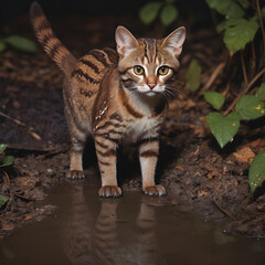 rusty spotted cat in the forest