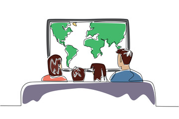 Happy Global Family Day. Annual celebration. One line drawing of mom, dad, son and daughter sitting of comfortable sofa and watching cable television with world map program inside the big screen