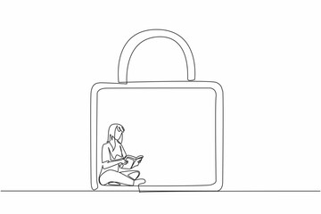 Single one line of young lonely woman reading a biographical book inside of padlock. Sitting on floor. Feel insecure being outside of locked privacy room  World Introvert Day. Mental health issue