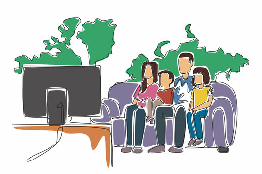 Single line drawing of happy family, father, mother, boy and girl sitting on comfy couch watching flat tv with big world map on the wall background. Global Family Day. International event to celebrate