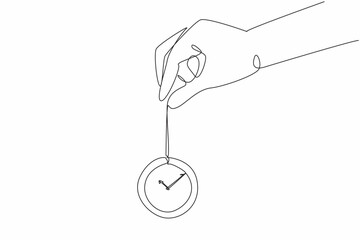 Single one line drawing of hand holding old vintage pocket watch with long chain. Antique clock. World hypnotism day. International event. Celebrate every year. Continuous line vector illustration