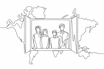 Single continuous line drawing of young happy family inside the open window with world map as a background. Global Family Day. Annual event to celebrate. Poster, banner, flyer, greeting card design