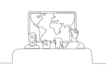 Happy Global Family Day. Annual celebration. One line drawing of mom, dad, son and daughter sitting of comfortable sofa and watching cable television with world map program inside the big screen