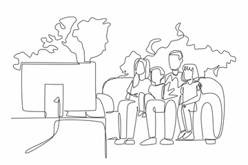 Single line drawing of happy family, father, mother, boy and girl sitting on comfy couch watching flat tv with big world map on the wall background. Global Family Day. International event to celebrate