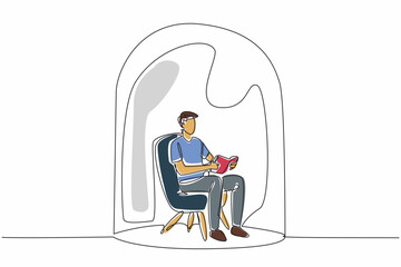 World Introvert Day. Continuous single line draw of young lonely man reading book while sitting on sofa chair inside glass dome. Loneliness guy looking for peace. Psychological problems, mental health