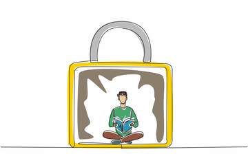 International World Introvert Day. One continuous line drawing of young solitude man sitting on the floor and reading a novel book inside secure padlock. Comfort zone concept. Psychological problem