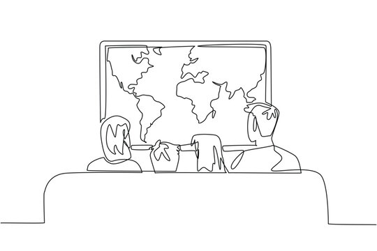 Happy Global Family Day. Annual celebration. One line drawing of mom, dad, son and daughter sitting of comfortable sofa and watching cable television with world map program inside the big screen - Powered by Adobe