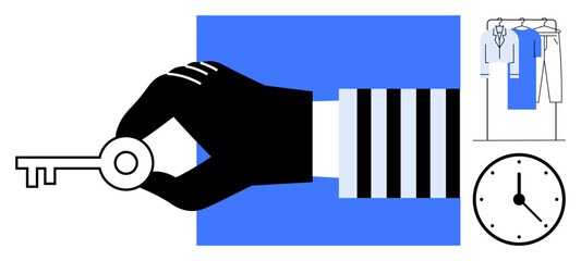 Hand holding key, wardrobe with clothes, and clock showing time provide themes of security, time management, and organization. Ideal for business, personal organization, security solutions