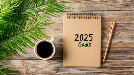 2025 goals notebook on wooden desk with coffee and greenery