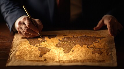 Hand Tracing World Map on Vintage Parchment Paper