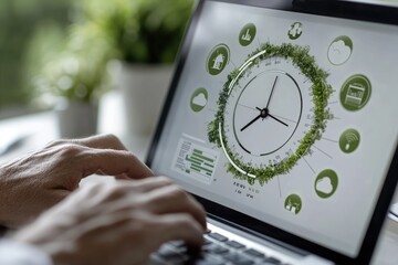 Data mastery: laptop centered workspace showcases efficient file management, task planning, time control, role of modern tools in data visualization and technology driven organization.