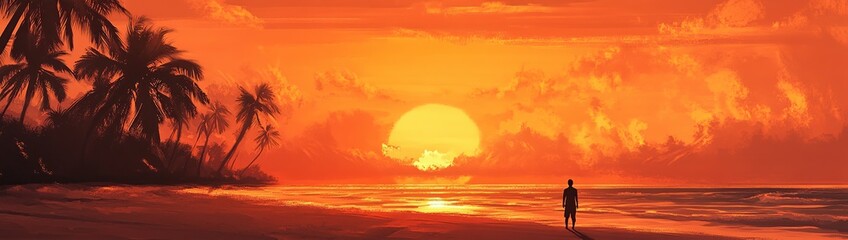 Fototapeta premium A lone figure stands on a beach as the sun sets over the ocean.