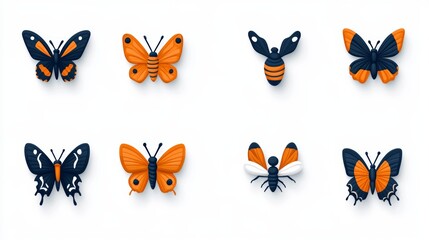 Orange Black Butterfly Bee Insect Collection Nature Spring Summer Wildlife Design Elements