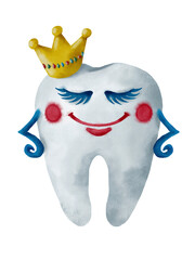 A cute cartoon tooth character with a crown, created to promote dental health awareness