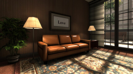 Fototapeta premium cozy living room with brown leather sofa and warm lighting