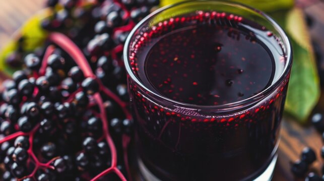 A closeup of a glass filled with a rich darkhued elderberry elixir promising a boost of antioxidants and immune support.