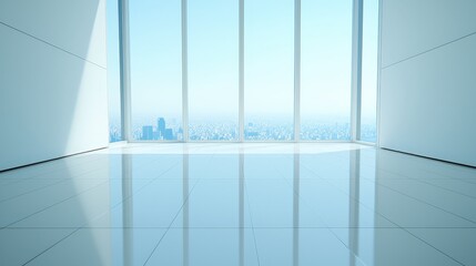 Modern Office Interior with Panoramic City View and Shiny Floor