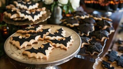Naklejka premium A decorateyourowncookie station is set up with sugar cookies shaped like bats spiders and other creepy creatures.