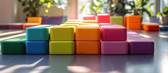 Colorful foam blocks arranged in a rainbow pattern on a wooden floor.