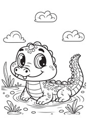Children coloring page cute crocodile in nature