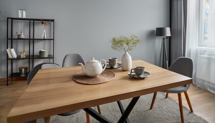 Ai Generate Stylish and minimalistic dining room interior with wooden table, tea pot with cups, tray, copy space and elegant accessories in grey modern home decor