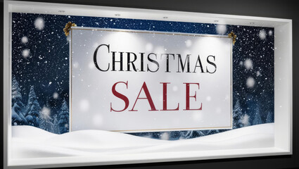 festive Christmas sale display featuring large sign with Christmas SALE in bold letters, surrounded by snowy winter scene