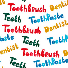 A vibrant and colorful pattern featuring dental care words to engage and educate viewers