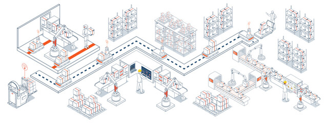 Smart warehouse automation systems featuring autonomous robots and AGVs optimize material handling through sensor-equipped navigation and intelligent item processing. Vector illustration EPS 10