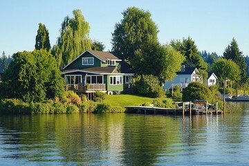 Obraz premium A green house with a wooden deck sits on a small island in a lake with a dock and boats.