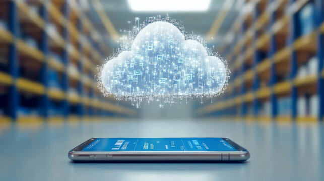 digital inventory management system with smartphone and cloud technology. image showcases smartphone displaying data with cloud of information above it, symbolizing modern inventory solutions