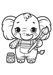 Children coloring page design cute elephant hold paintbrush