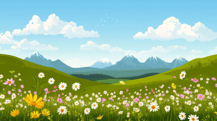 Fototapeta premium picturesque countryside landscape with blooming flowers, green hills, and majestic mountains under clear blue sky. scene evokes tranquility and natural beauty